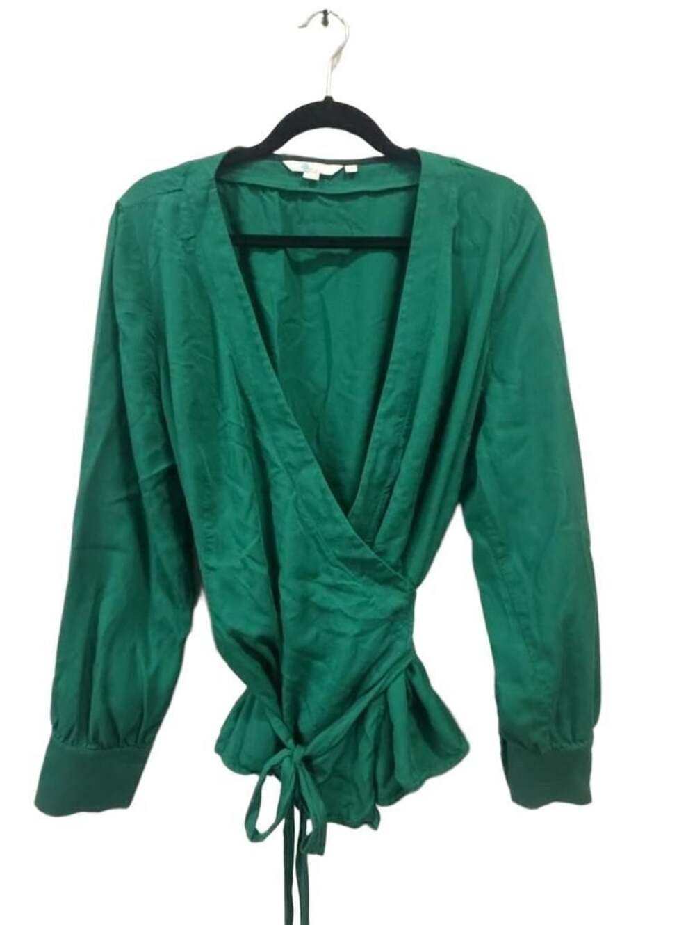 Boden Green Wrap Blouse Size US 14R Long Sleeve Tie Waist V-Neck